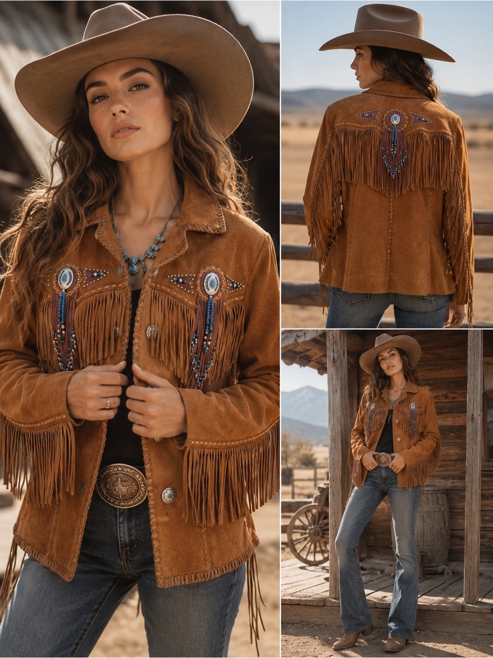 🤎 Overland Genuine Suede Fringe Jacket Beaded Western Cowgirl Luxe size XS